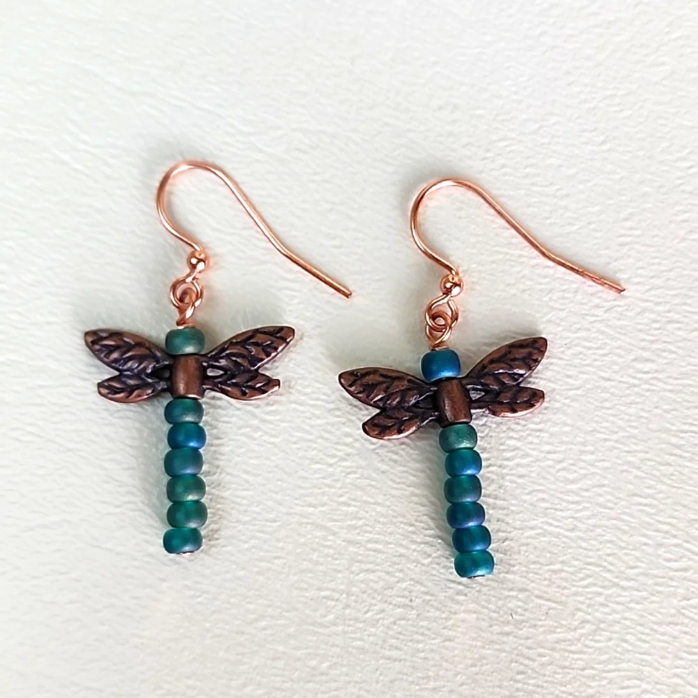 Copper & Iridescent Matte Green-Blue Dragonfly Dangle Earrings, Handmade - Picture 3 of 6
